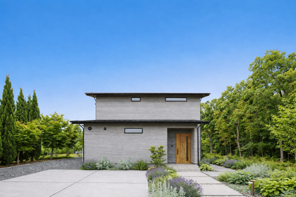 芹工務店が手がけた注文住宅の外観とアプローチ・外構デザイン（芹工務店の施工事例）